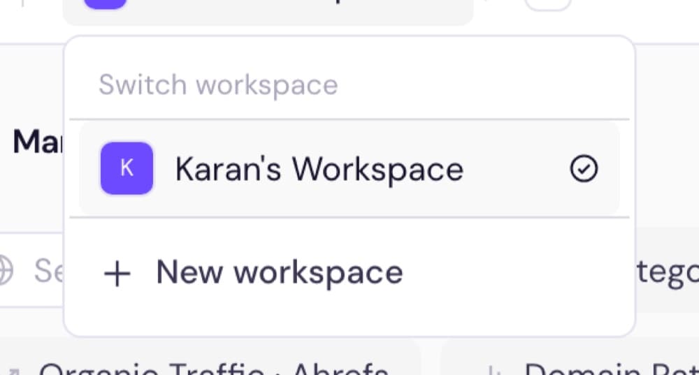 The workspace switcher panel — the current workspace, checked, above New workspace