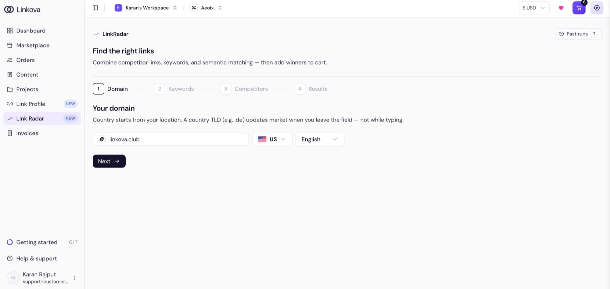 LinkRadar step one — a four-step progress bar reading Domain, Keywords, Competitors, Results with the domain, country and language fields filled in