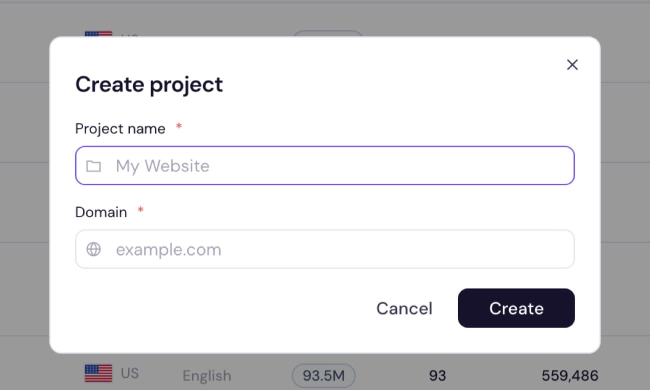 The create-project modal with a project name and a domain field