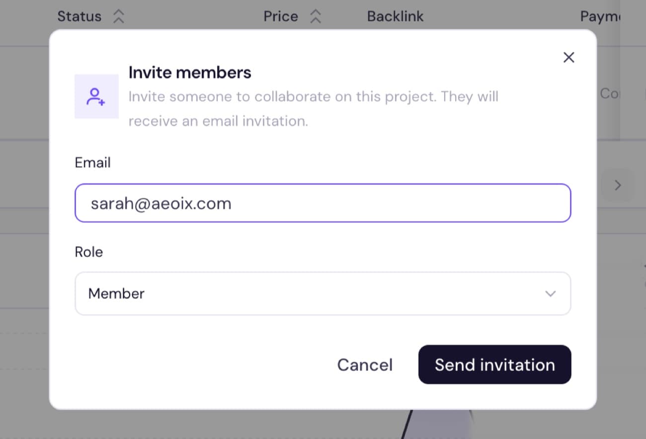 The invite-members modal with a client company email address and a Role dropdown set to Member