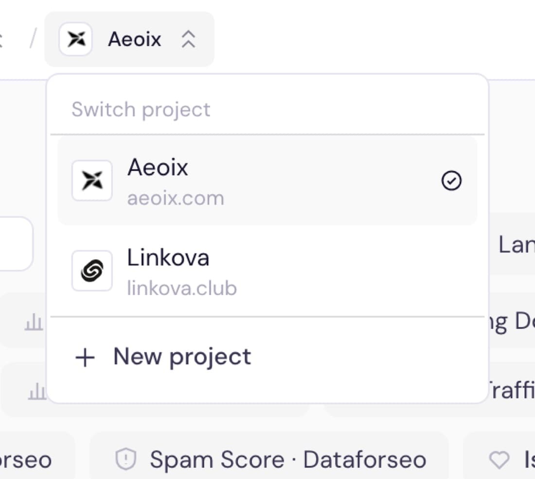 The project switcher open, listing two client projects each with its own domain, plus New project
