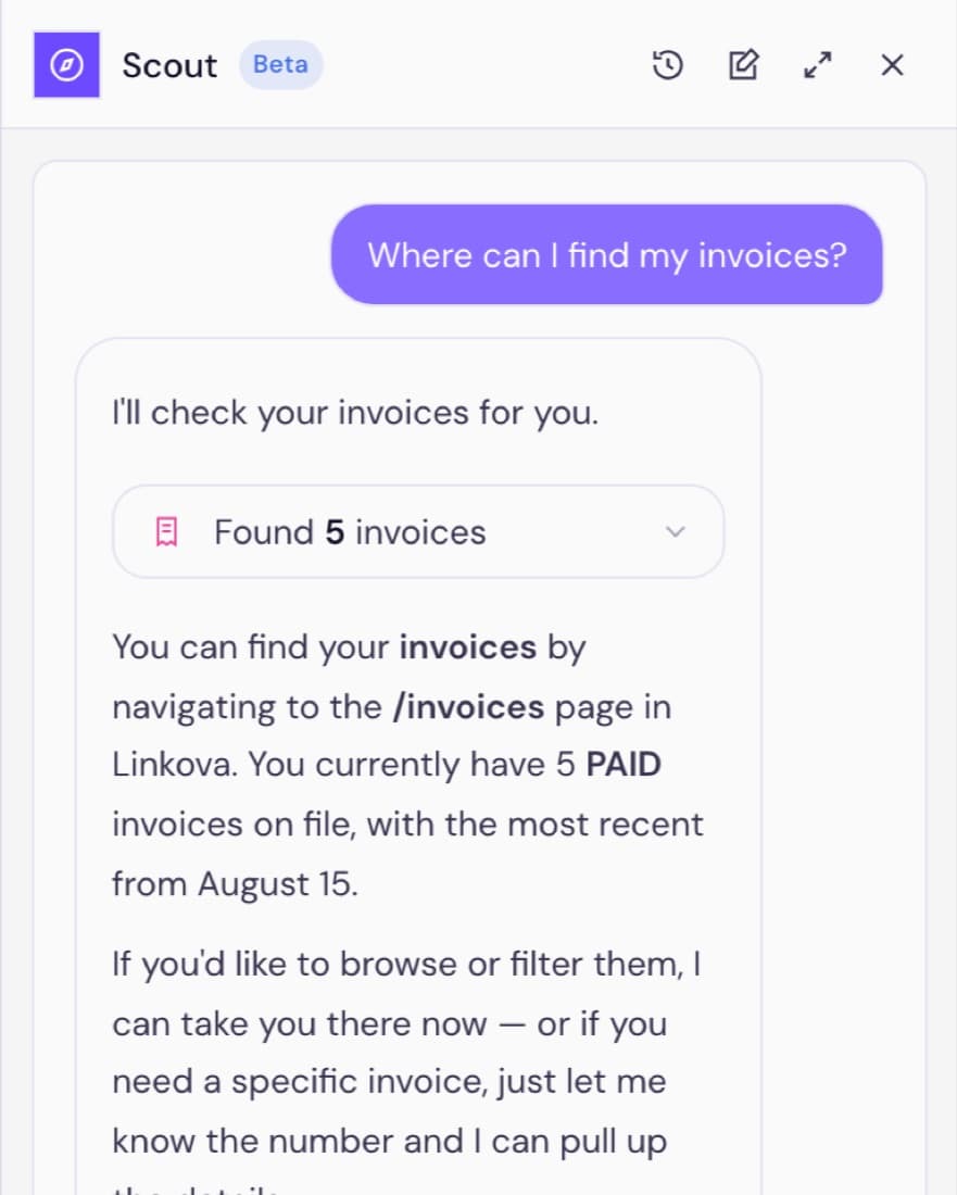 Scout answering “where can I find my invoices?” with a card reading “Navigated to Invoices”